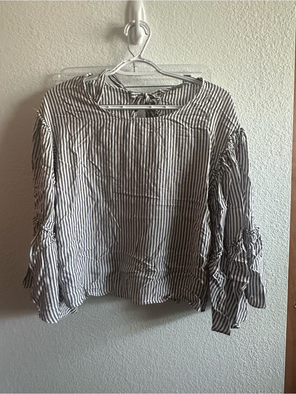 Striped gray and White Tie-Back Peasant Top